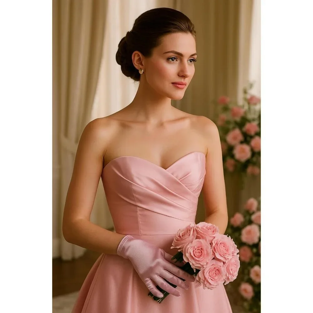 Women's Short Pink Satin Silk Gloves Banquet Wedding Party Costume Accessories